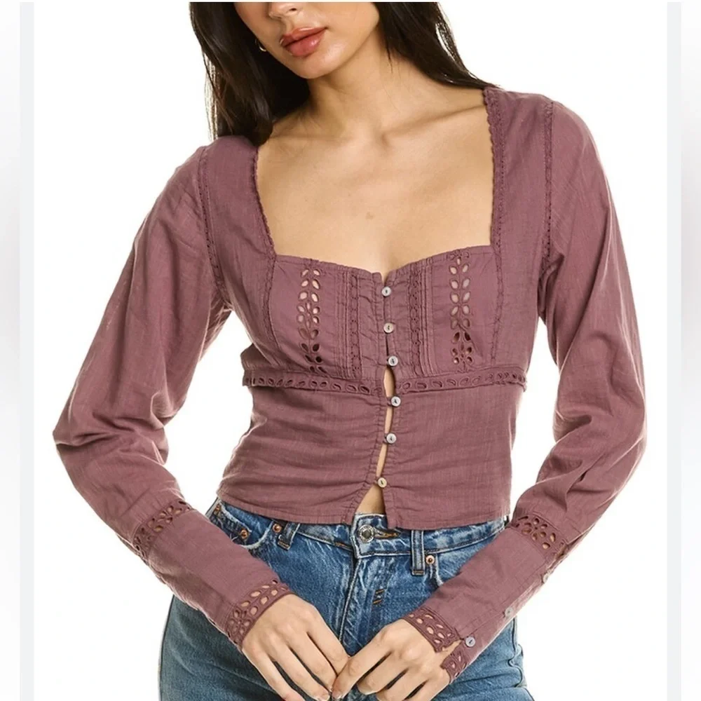 Free People Dusty Mauve Sweetheart Neckline Tiny Button Front Top Small NEW +Tag